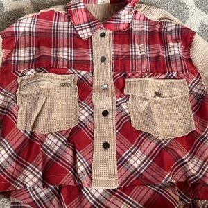 Contrast Chest Pocket Red and Tan Plaid Button Down Shirt Jacket